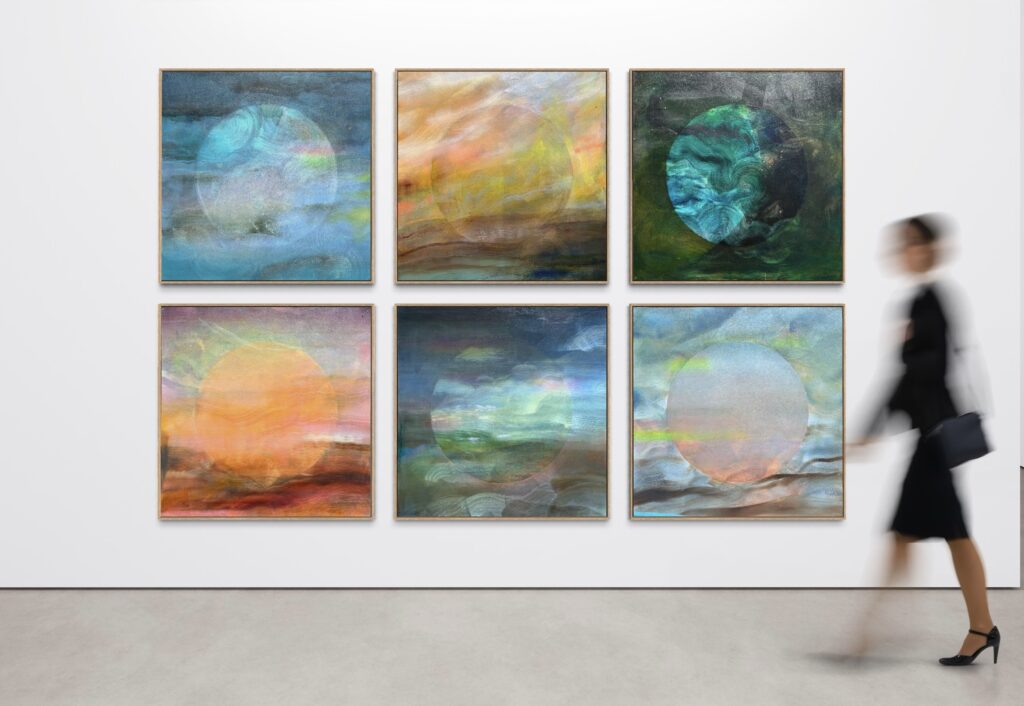 'Many Moons Rise No.1-6' (install view), 2026 acrylic & ink on canvas, each 100 x 100cm